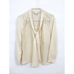 Vintage Adiva Womens Long Sleeve Tie Front Laced Up Pleated Blouse Size S